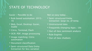 STATE OF TECHNOLOGY
Easier / Possible to do
• Rule based automation: 2015-
16
• Web, Excel, Desktop: Easier,
Stable
• Citrix, Terminal, Flash
• OCR: PDF, Image processing
• Image matching: Citrix
automation
• Document classification
• Semi-structured Data Entity
Extraction for less variation
Not so easy today…
• Semi-structured Entity
extraction: large no. of temp.
• Unstructured data
• Frequently changing Apps / UIs
• Out-of-box sentiment analysis
• Rule Engines
• Out-of-box chatbots
 