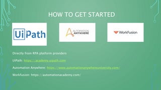 HOW TO GET STARTED
Directly from RPA platform providers
UiPath: https://academy.uipath.com
Automation Anywhere: https://www.automationanywhereuniversity.com/
Workfusion: https://automationacademy.com/
 