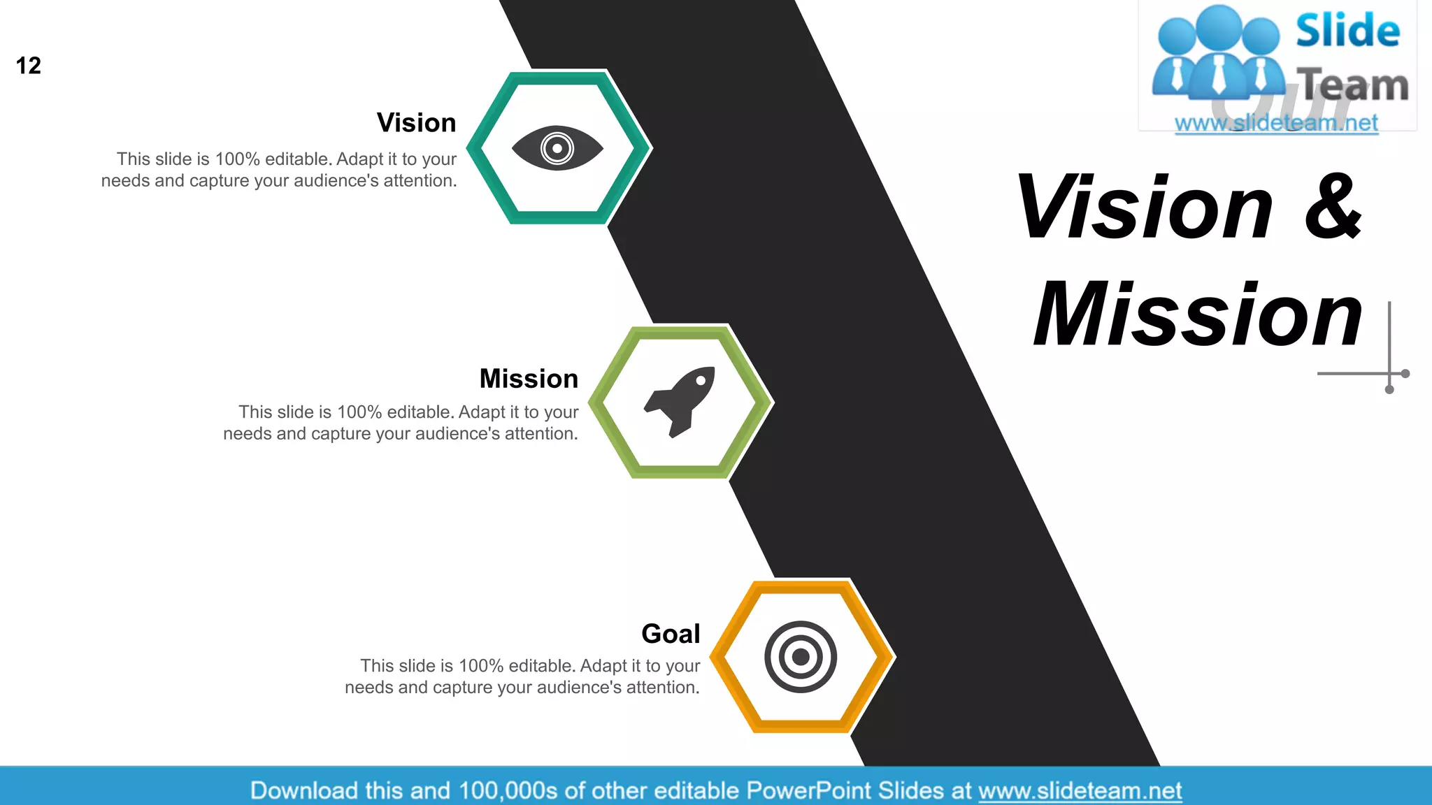 12
Our
Vision &
Mission
Vision
This slide is 100% editable. Adapt it to your
needs and capture your audience's attention.
Mission
This slide is 100% editable. Adapt it to your
needs and capture your audience's attention.
Goal
This slide is 100% editable. Adapt it to your
needs and capture your audience's attention.
 