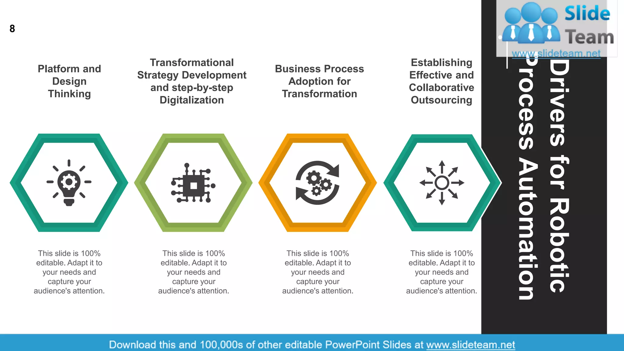 8
Platform and
Design
Thinking
Transformational
Strategy Development
and step-by-step
Digitalization
Business Process
Adoption for
Transformation
Establishing
Effective and
Collaborative
Outsourcing
This slide is 100%
editable. Adapt it to
your needs and
capture your
audience's attention.
This slide is 100%
editable. Adapt it to
your needs and
capture your
audience's attention.
This slide is 100%
editable. Adapt it to
your needs and
capture your
audience's attention.
This slide is 100%
editable. Adapt it to
your needs and
capture your
audience's attention.
DriversforRobotic
ProcessAutomation
 