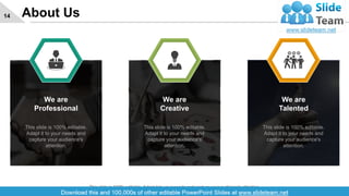 About Us14
We are
Professional
This slide is 100% editable.
Adapt it to your needs and
capture your audience's
attention.
We are
Creative
This slide is 100% editable.
Adapt it to your needs and
capture your audience's
attention.
We are
Talented
This slide is 100% editable.
Adapt it to your needs and
capture your audience's
attention.
This slide is 100% editable. Adapt it to your needs and capture your audience's attention.
 