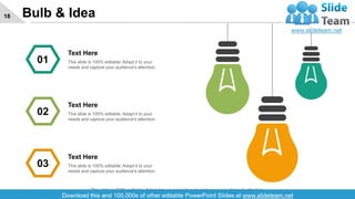 Bulb & Idea18
Text Here
This slide is 100% editable. Adapt it to your
needs and capture your audience's attention.
01
Text Here
This slide is 100% editable. Adapt it to your
needs and capture your audience's attention.
02
Text Here
This slide is 100% editable. Adapt it to your
needs and capture your audience's attention.
03
This slide is 100% editable. Adapt it to your needs and capture your audience's attention.
 