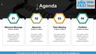 Welcome Message
9:00am-10:00am
About Us
10:00am-11:00am
Team Meeting
11:00am-12:00pm
Portfolio
12:00pm-01:00pm
This slide is 100%
editable. Adapt it to
your needs and
capture your
audience's attention.
This slide is 100%
editable. Adapt it to
your needs and
capture your
audience's attention.
This slide is 100%
editable. Adapt it to
your needs and
capture your
audience's attention.
This slide is 100%
editable. Adapt it to
your needs and
capture your
audience's attention.
01 02 03 04
Agenda
This slide is 100% editable. Adapt it to your needs and capture your audience's attention.
2
 