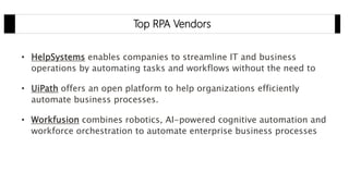 Top RPA Vendors
• HelpSystems enables companies to streamline IT and business
operations by automating tasks and workflows without the need to
• UiPath offers an open platform to help organizations efficiently
automate business processes.
• Workfusion combines robotics, AI-powered cognitive automation and
workforce orchestration to automate enterprise business processes
 