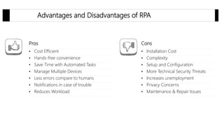 Advantages and Disadvantages of RPA
Pros Cons
• Cost Efficient
• Hands-free convenience
• Save Time with Automated Tasks
• Manage Multiple Devices
• Less errors compare to humans
• Notifications in case of trouble
• Reduces Workload
• Installation Cost
• Complexity
• Setup and Configuration
• More Technical Security Threats
• Increases unemployment
• Privacy Concerns
• Maintenance & Repair Issues
 