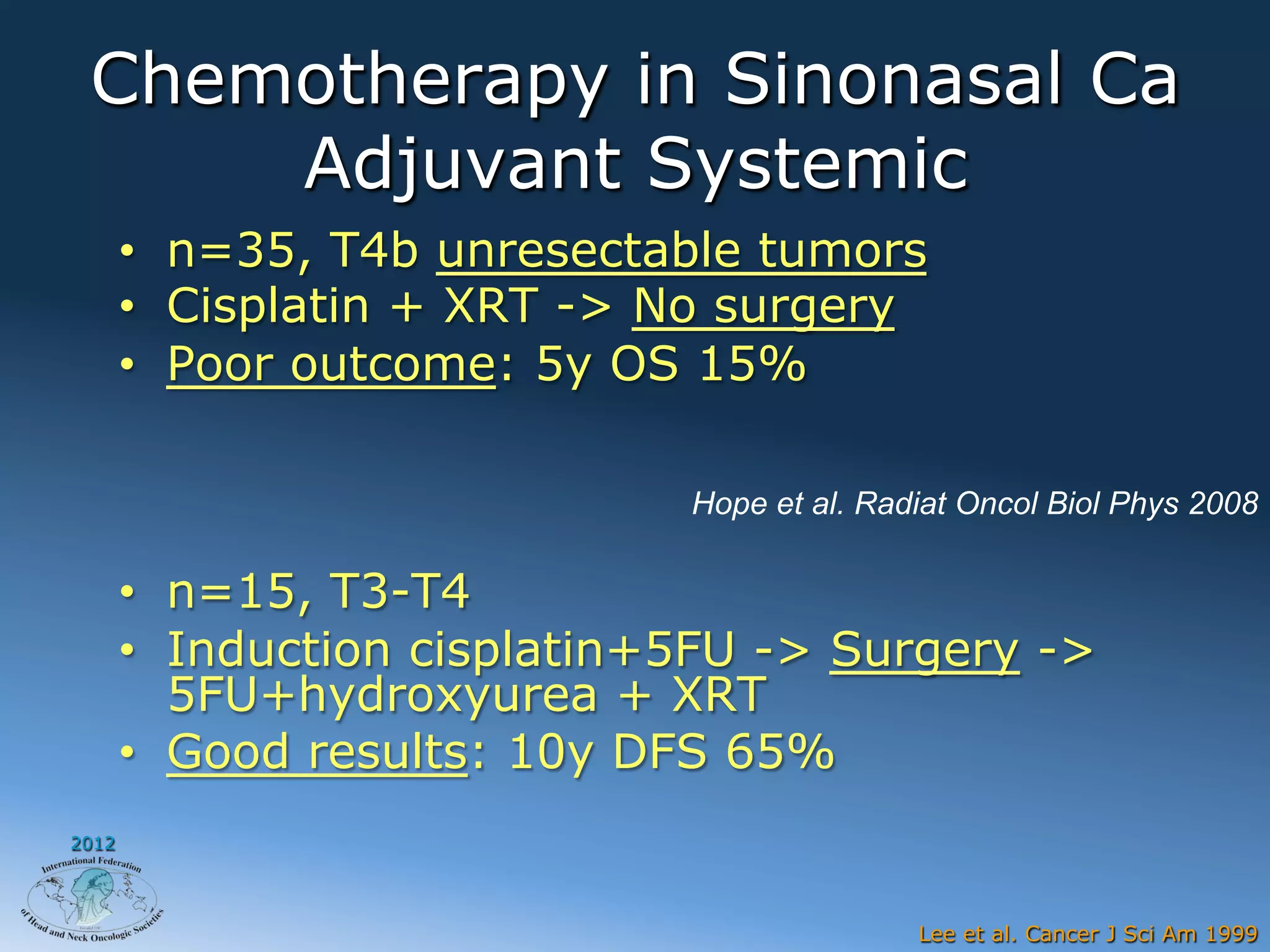 Chemotherapy in Sinonasal Ca
     Adjuvant Systemic
       •  n=35, T4b unresectable tumors
       •  Cisplatin + XRT -> No surgery
       •  Poor outcome: 5y OS 15%

                              Hope et al. Radiat Oncol Biol Phys 2008

       •  n=15, T3-T4
       •  Induction cisplatin+5FU -> Surgery ->
          5FU+hydroxyurea + XRT
       •  Good results: 10y DFS 65%
2012




                                             Lee et al. Cancer J Sci Am 1999
 