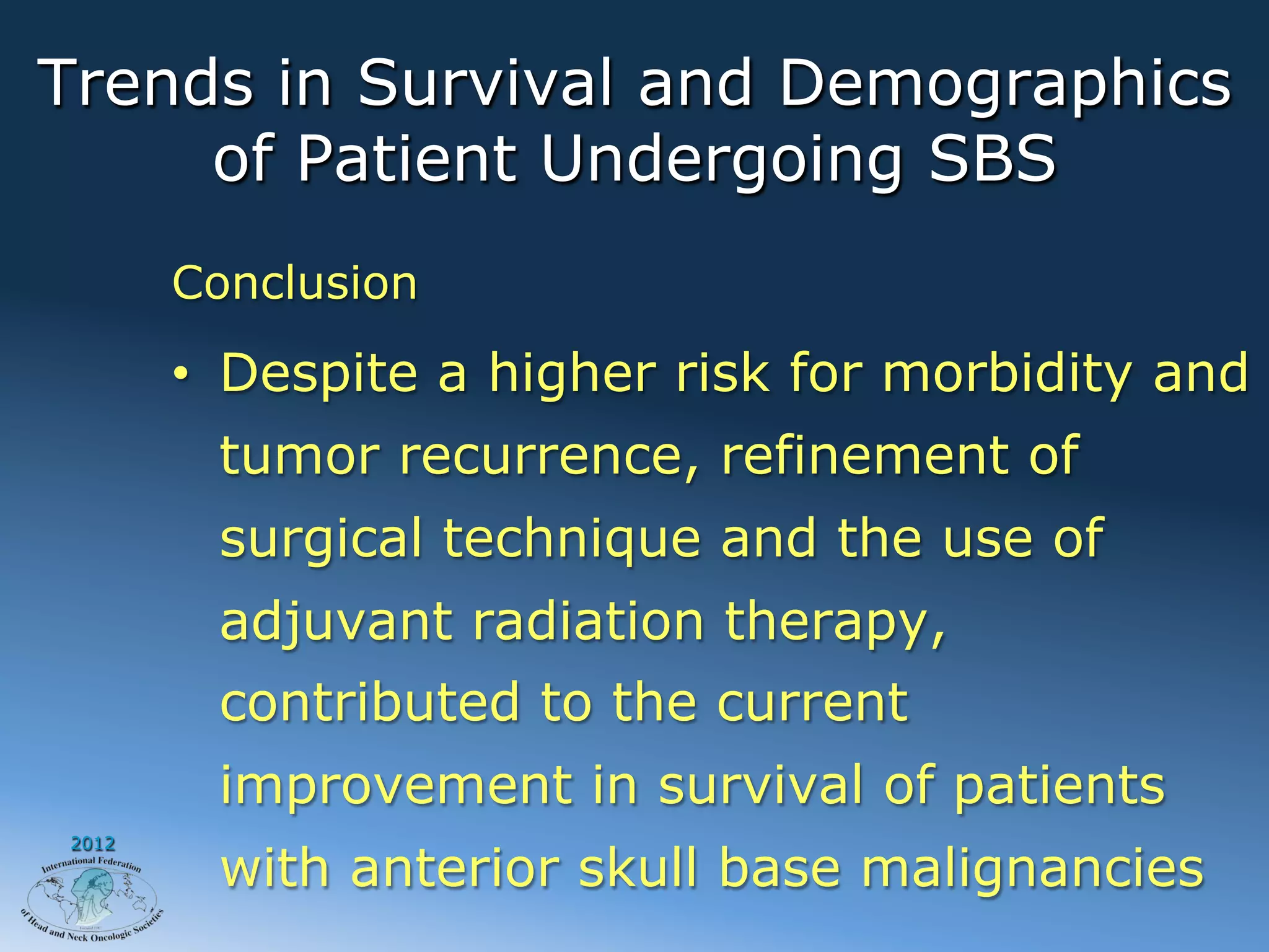 Trends in Survival and Demographics
     of Patient Undergoing SBS
       Conclusion

       •  Despite a higher risk for morbidity and
        tumor recurrence, refinement of
        surgical technique and the use of
        adjuvant radiation therapy,
        contributed to the current
        improvement in survival of patients
2012

        with anterior skull base malignancies
 