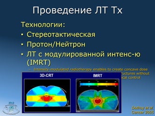 Проведение ЛТ Tx
       Технологии:
       •  Стереотактическая
       •  Протон/Нейтрон
       •  ЛТ с модулированной интенс-ю
          (IMRT)
         –  Intensity-modulated radiotherapy enables to create concave dose
            distributions allowing better sparing of the optic structures without
            compromising the dose in the target volume and local control




2012

                                                                      Duthoy et al.
                                                                      Cancer 2005
 