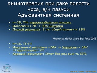 Химиотерапия при раке полости
         носа, в/ч пазухи
     Адъювантная системная
       •  n=35, T4b нерезектабельная опухоль
       •  Цисплатин+ ЛТ -> без хирургии
       •  Плохой результат: 5 лет общей выжив-ти 15%


                                Hope et al. Radiat Oncol Biol Phys 2008	

       •  n=15, T3-T4
       •  Индукцин-й цисплаин +5ФУ -> Хирургия-> 5ФУ
          +Гидроксиуреа+ ЛТ
       •  Хороший результат: 10лет без рец выж-ть 65%


2012




                                               Lee et al. Cancer J Sci Am 1999
 