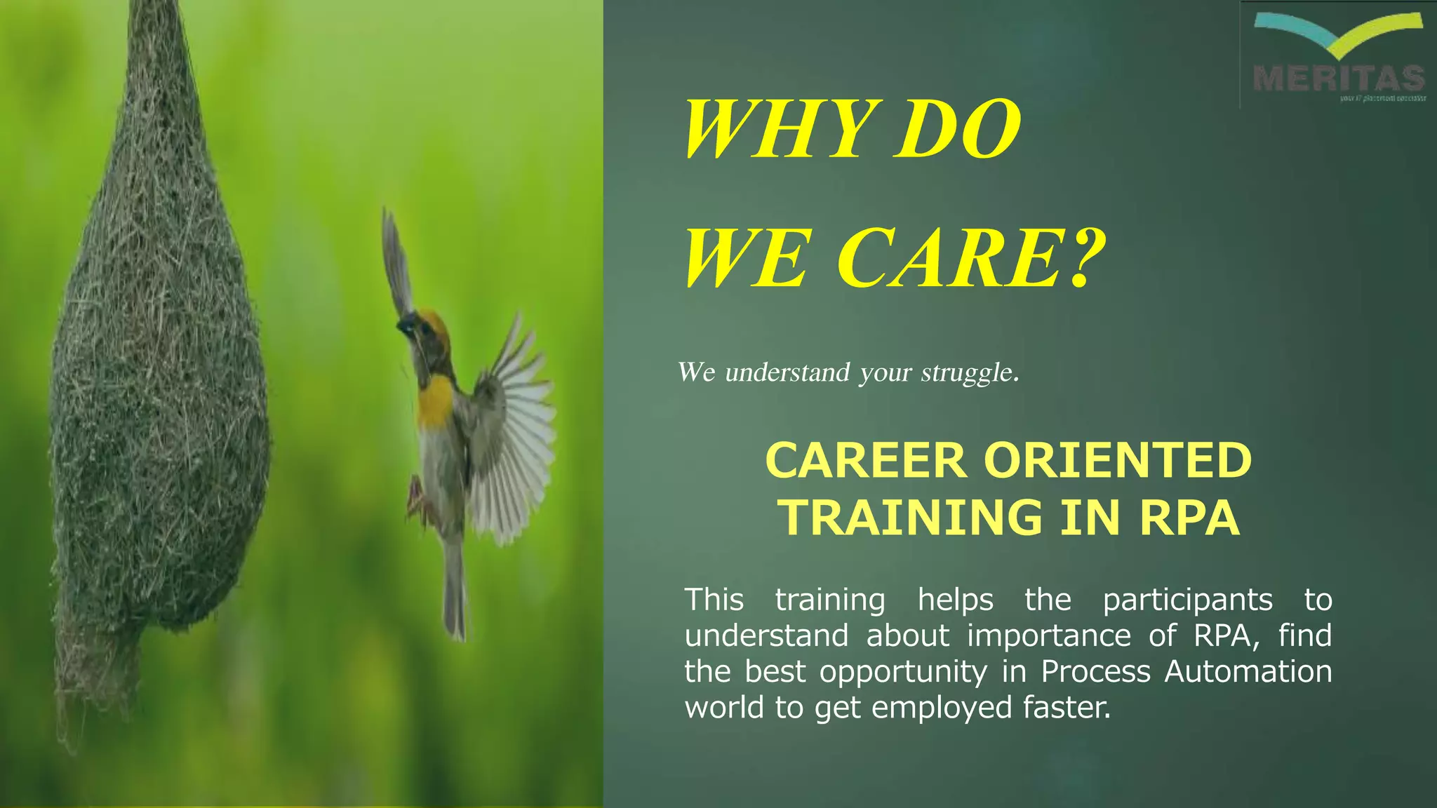 WHY DO
WE CARE?
We understand your struggle.
CAREER ORIENTED
TRAINING IN RPA
This training helps the participants to
understand about importance of RPA, find
the best opportunity in Process Automation
world to get employed faster.
 