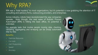 Why RPA?
Across industry, robots have revolutionized the way companies
operate. Now, though, the next wave of Robotic Process
Automation (RPA) is hitting the back office, it’s potential is
unlimited.
For example tasks that involve people moving data, checking,
validating, aggregating and re-keying can be simply automated
step by step.
Benefits:
 Optimize Resources
 Cut costs
 24x7 Productivity
 Speed
 Accuracy
RPA was a “total mystery” to most organizations, but it’s potential is now grabbing the attention of IT
consulting and advisory firms, outsourcing providers, and enterprises.
 