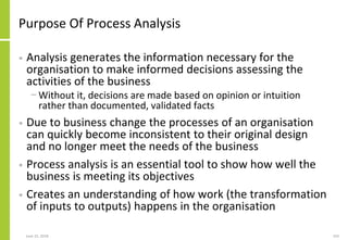 June 25, 2018 103
Purpose Of Process Analysis
• Analysis generates the information necessary for the
organisation to make ...