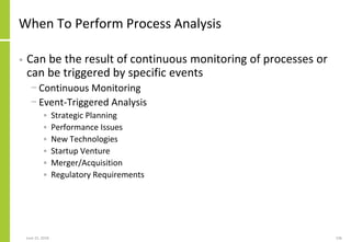 June 25, 2018 106
When To Perform Process Analysis
• Can be the result of continuous monitoring of processes or
can be tri...