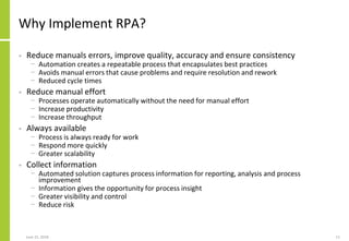 Why Implement RPA?
• Reduce manuals errors, improve quality, accuracy and ensure consistency
− Automation creates a repeat...