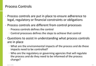 June 25, 2018 139
Process Controls
• Process controls are put in place to ensure adherence to
legal, regulatory or financi...