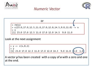 Numeric Vector
or
> rm(x)
> c(23.0,17.0,12.5,11.0,17.0,12.0,14.5,9.0,11.0) -> x
> x
[1] 23.0 17.0 12.5 11.0 17.0 12.0 14.5 9.0 11.0

Look at the next assignment
> y <- c(x,0,1)
> y
[1] 23.0 17.0 12.5 11.0 17.0 12.0 14.5

9.0 11.0

0.0

1.0

A vector y has been created with a copy of x with a zero and one
at the end.

 