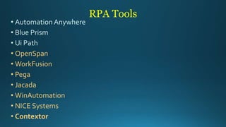 • Automation Anywhere
• Blue Prism
• Ui Path
• OpenSpan
• WorkFusion
• Pega
• Jacada
• WinAutomation
• NICE Systems
• Contextor
RPA Tools
 