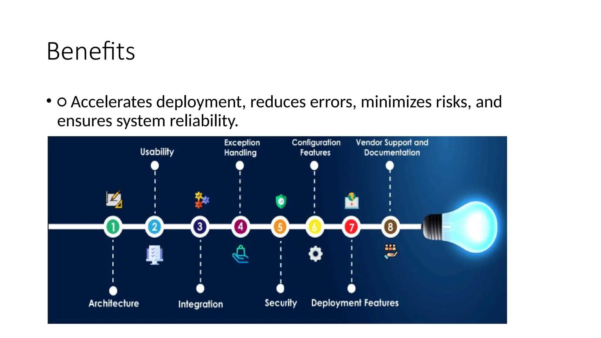 Benefits
• ○ Accelerates deployment, reduces errors, minimizes risks, and
ensures system reliability.
 