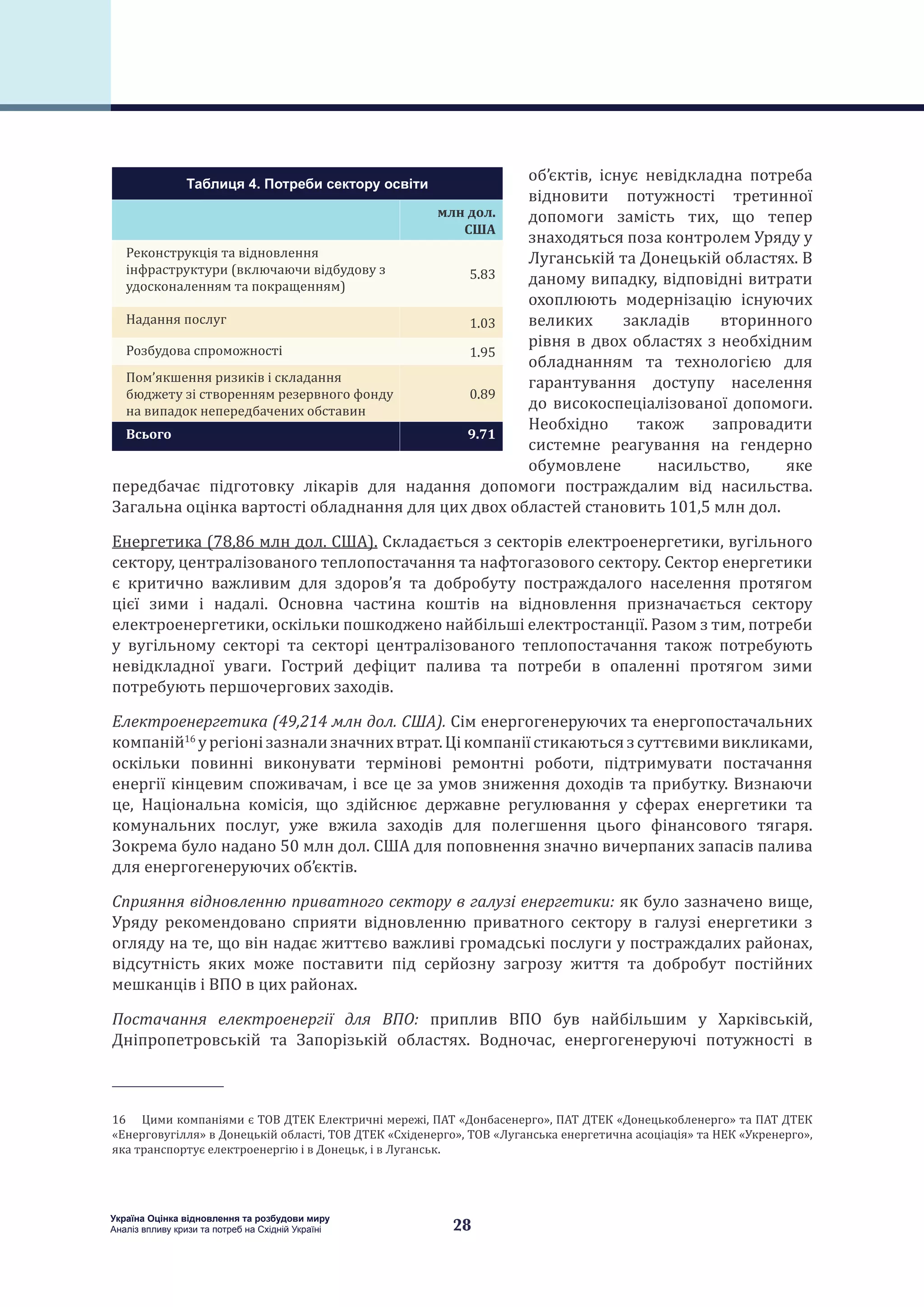 28
Україна Оцінка відновлення та розбудови миру
Аналіз впливу кризи та потреб на Східній Україні
об’єктів, існує невідкладна потреба
відновити потужності третинної
допомоги замість тих, що тепер
знаходяться поза контролем Уряду у
Луганській та Донецькій областях. В
даному випадку, відповідні витрати
охоплюють модернізацію існуючих
великих закладів вторинного
рівня в двох областях з необхідним
обладнанням та технологією для
гарантування доступу населення
до високоспеціалізованої допомоги.
Необхідно також запровадити
системне реагування на гендерно
обумовлене насильство, яке
передбачає підготовку лікарів для надання допомоги постраждалим від насильства.
Загальна оцінка вартості обладнання для цих двох областей становить 101,5 млн дол.
Енергетика (78,86 млн дол. США). Складається з секторів електроенергетики, вугільного
сектору, централізованого теплопостачання та нафтогазового сектору. Сектор енергетики
є критично важливим для здоров’я та добробуту постраждалого населення протягом
цієї зими і надалі. Основна частина коштів на відновлення призначається сектору
електроенергетики, оскільки пошкоджено найбільші електростанції. Разом з тим, потреби
у вугільному секторі та секторі централізованого теплопостачання також потребують
невідкладної уваги. Гострий дефіцит палива та потреби в опаленні протягом зими
потребують першочергових заходів.
Електроенергетика (49,214 млн дол. США). Сім енергогенеруючих та енергопостачальних
компаній16
урегіонізазнализначнихвтрат.Цікомпаніїстикаютьсязсуттєвимивикликами,
оскільки повинні виконувати термінові ремонтні роботи, підтримувати постачання
енергії кінцевим споживачам, і все це за умов зниження доходів та прибутку. Визнаючи
це, Національна комісія, що здійснює державне регулювання у сферах енергетики та
комунальних послуг, уже вжила заходів для полегшення цього фінансового тягаря.
Зокрема було надано 50 млн дол. США для поповнення значно вичерпаних запасів палива
для енергогенеруючих об’єктів.
Сприяння відновленню приватного сектору в галузі енергетики: як було зазначено вище,
Уряду рекомендовано сприяти відновленню приватного сектору в галузі енергетики з
огляду на те, що він надає життєво важливі громадські послуги у постраждалих районах,
відсутність яких може поставити під серйозну загрозу життя та добробут постійних
мешканців і ВПО в цих районах.
Постачання електроенергії для ВПО: приплив ВПО був найбільшим у Харківській,
Дніпропетровській та Запорізькій областях. Водночас, енергогенеруючі потужності в
16  Цими компаніями є ТОВ ДТЕК Електричні мережі, ПАТ «Донбасенерго», ПАТ ДТЕК «Донецькобленерго» та ПАТ ДТЕК
«Енерговугілля» в Донецькій області, ТОВ ДТЕК «Східенерго», ТОВ «Луганська енергетична асоціація» та НЕК «Укренерго»,
яка транспортує електроенергію і в Донецьк, і в Луганськ.
Таблиця 4. Потреби сектору освіти
млн дол.
США
Реконструкція та відновлення
інфраструктури (включаючи відбудову з
удосконаленням та покращенням)
5.83
Надання послуг 1.03
Розбудова спроможності 1.95
Пом’якшення ризиків і складання
бюджету зі створенням резервного фонду
на випадок непередбачених обставин
0.89
Всього 9.71
 
