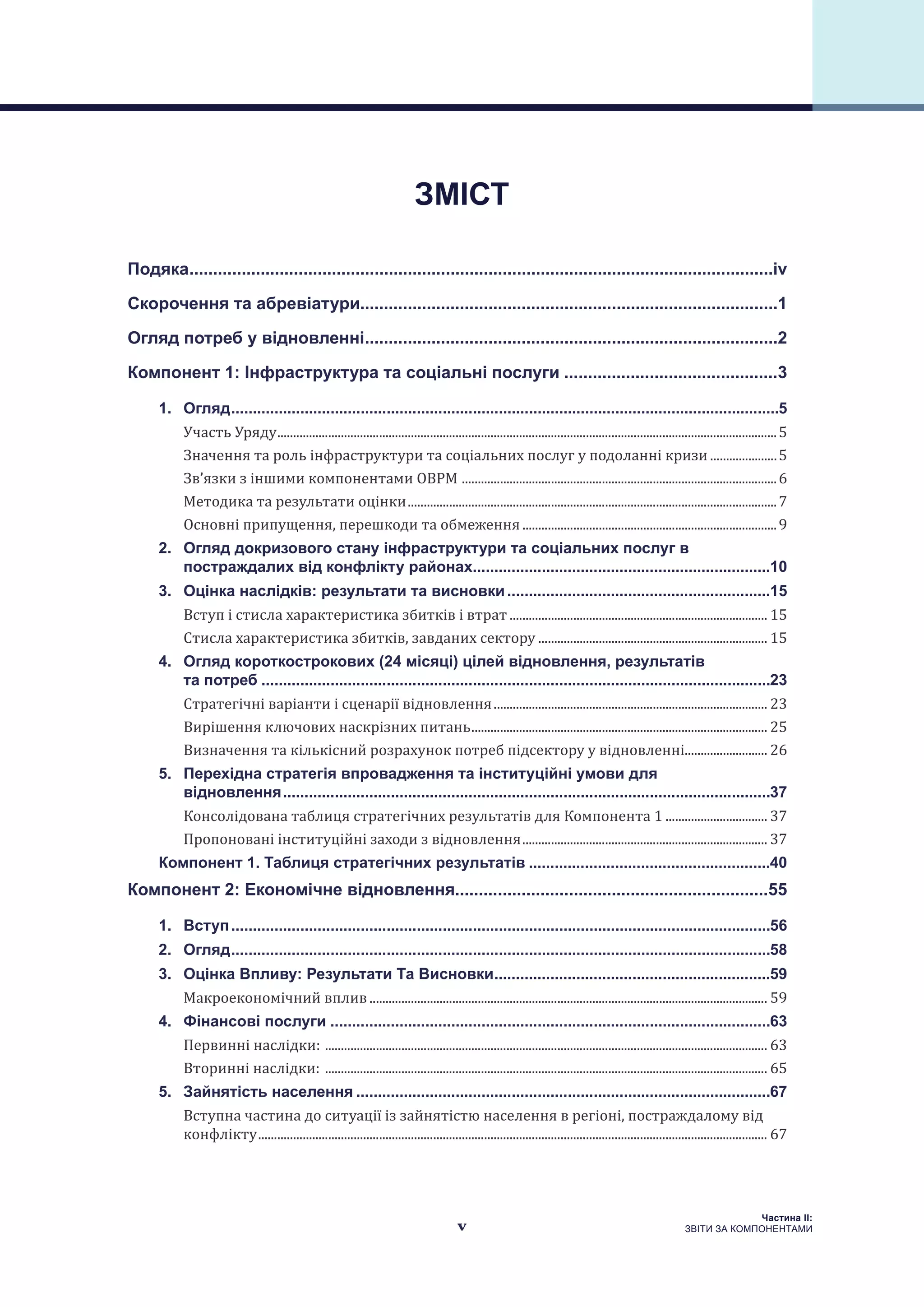 v
Частина ІI:
ЗВІТИ ЗА КОМПОНЕНТАМИ
Подяка............................................................................................................................iv
Скорочення та абревіатури........................................................................................1
Огляд потреб у відновленні........................................................................................2
Компонент 1: Інфраструктура та соціальні послуги..............................................3
1. 	 Огляд................................................................................................................................5
Участь Уряду..............................................................................................................................................................5
Значення та роль інфраструктури та соціальних послуг у подоланні кризи......................5
Зв’язки з іншими компонентами ОВРМ ....................................................................................................6
Методика та результати оцінки.....................................................................................................................7
Основні припущення, перешкоди та обмеження.................................................................................9
2. 	 Огляд докризового стану інфраструктури та соціальних послуг в
постраждалих від конфлікту районах.....................................................................10
3. 	 Оцінка наслідків: результати та висновки..............................................................15
Вступ і стисла характеристика збитків і втрат.................................................................................. 15
Стисла характеристика збитків, завданих сектору......................................................................... 15
4. 	 Огляд короткострокових (24 місяці) цілей відновлення, результатів
та потреб.......................................................................................................................23
Стратегічні варіанти і сценарії відновлення....................................................................................... 23
Вирішення ключових наскрізних питань.............................................................................................. 25
Визначення та кількісний розрахунок потреб підсектору у відновленні........................... 26
5. 	 Перехідна стратегія впровадження та інституційні умови для
відновлення..................................................................................................................37
Консолідована таблиця стратегічних результатів для Компонента 1................................. 37
Пропоновані інституційні заходи з відновлення.............................................................................. 37
Компонент 1. Таблиця стратегічних результатів.........................................................40
Компонент 2: Економічне відновлення..................................................................55
1. 	 Вступ..............................................................................................................................56
2. 	 Огляд..............................................................................................................................58
3. 	 Оцінка Впливу: Результати Та Висновки.................................................................59
Макроекономічний вплив.............................................................................................................................. 59
4. 	 Фінансові послуги.......................................................................................................63
Первинні наслідки: ............................................................................................................................................ 63
Вторинні наслідки: ............................................................................................................................................ 65
5. 	 Зайнятість населення.................................................................................................67
Вступна частина до ситуації із зайнятістю населення в регіоні, постраждалому від
конфлікту................................................................................................................................................................. 67
ЗМІСТ
 