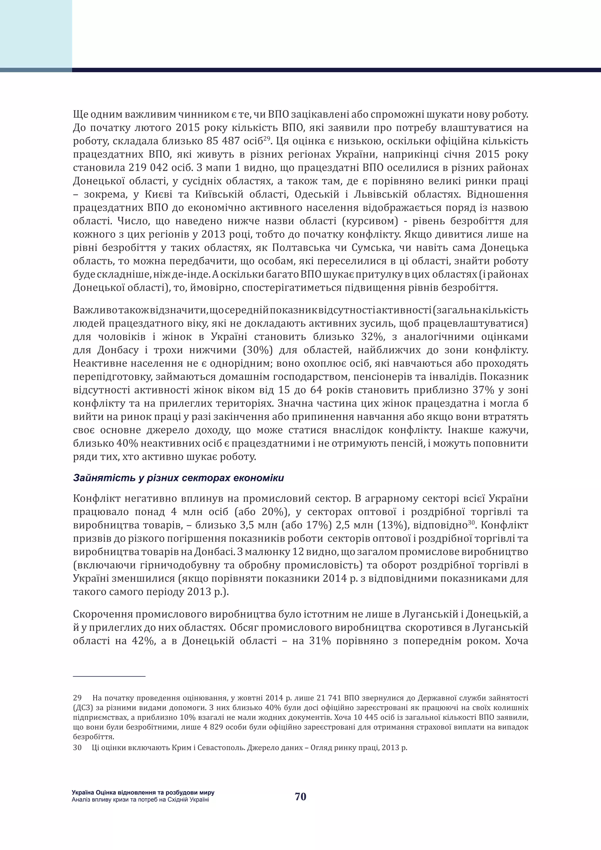 70
Україна Оцінка відновлення та розбудови миру
Аналіз впливу кризи та потреб на Східній Україні
Ще одним важливим чинником є те, чи ВПО зацікавлені або спроможні шукати нову роботу.
До початку лютого 2015 року кількість ВПО, які заявили про потребу влаштуватися на
роботу, складала близько 85 487 осіб29
. Ця оцінка є низькою, оскільки офіційна кількість
працездатних ВПО, які живуть в різних регіонах України, наприкінці січня 2015 року
становила 219 042 осіб. З мапи 1 видно, що працездатні ВПО оселилися в різних районах
Донецької області, у сусідніх областях, а також там, де є порівняно великі ринки праці
– зокрема, у Києві та Київській області, Одеській і Львівській областях. Відношення
працездатних ВПО до економічно активного населення відображається поряд із назвою
області. Число, що наведено нижче назви області (курсивом) - рівень безробіття для
кожного з цих регіонів у 2013 році, тобто до початку конфлікту. Якщо дивитися лише на
рівні безробіття у таких областях, як Полтавська чи Сумська, чи навіть сама Донецька
область, то можна передбачити, що особам, які переселилися в ці області, знайти роботу
будескладніше,ніжде-інде.АоскількибагатоВПОшукаєпритулкувцих областях(ірайонах
Донецької області), то, ймовірно, спостерігатиметься підвищення рівнів безробіття.
Важливотакожвідзначити,щосереднійпоказниквідсутностіактивності(загальнакількість
людей працездатного віку, які не докладають активних зусиль, щоб працевлаштуватися)
для чоловіків і жінок в Україні становить близько 32%, з аналогічними оцінками
для Донбасу і трохи нижчими (30%) для областей, найближчих до зони конфлікту.
Неактивне населення не є однорідним; воно охоплює осіб, які навчаються або проходять
перепідготовку, займаються домашнім господарством, пенсіонерів та інвалідів. Показник
відсутності активності жінок віком від 15 до 64 років становить приблизно 37% у зоні
конфлікту та на прилеглих територіях. Значна частина цих жінок працездатна і могла б
вийти на ринок праці у разі закінчення або припинення навчання або якщо вони втратять
своє основне джерело доходу, що може статися внаслідок конфлікту. Інакше кажучи,
близько 40% неактивних осіб є працездатними і не отримують пенсій, і можуть поповнити
ряди тих, хто активно шукає роботу.
Зайнятість у різних секторах економіки
Конфлікт негативно вплинув на промисловий сектор. В аграрному секторі всієї України
працювало понад 4 млн осіб (або 20%), у секторах оптової і роздрібної торгівлі та
виробництва товарів, – близько 3,5 млн (або 17%) 2,5 млн (13%), відповідно30
. Конфлікт
призвів до різкого погіршення показників роботи секторів оптової і роздрібної торгівлі та
виробництватоварівнаДонбасі.Змалюнку12видно,щозагаломпромисловевиробництво
(включаючи гірничодобувну та обробну промисловість) та оборот роздрібної торгівлі в
Україні зменшилися (якщо порівняти показники 2014 р. з відповідними показниками для
такого самого періоду 2013 р.).
Скорочення промислового виробництва було істотним не лише в Луганській і Донецькій, а
й у прилеглих до них областях. Обсяг промислового виробництва скоротився в Луганській
області на 42%, а в Донецькій області – на 31% порівняно з попереднім роком. Хоча
29  На початку проведення оцінювання, у жовтні 2014 р. лише 21 741 ВПО звернулися до Державної служби зайнятості
(ДСЗ) за різними видами допомоги. З них близько 40% були досі офіційно зареєстровані як працюючі на своїх колишніх
підприємствах, а приблизно 10% взагалі не мали жодних документів. Хоча 10 445 осіб із загальної кількості ВПО заявили,
що вони були безробітними, лише 4 829 особи були офіційно зареєстровані для отримання страхової виплати на випадок
безробіття.
30  Ці оцінки включають Крим і Севастополь. Джерело даних – Огляд ринку праці, 2013 р.
 