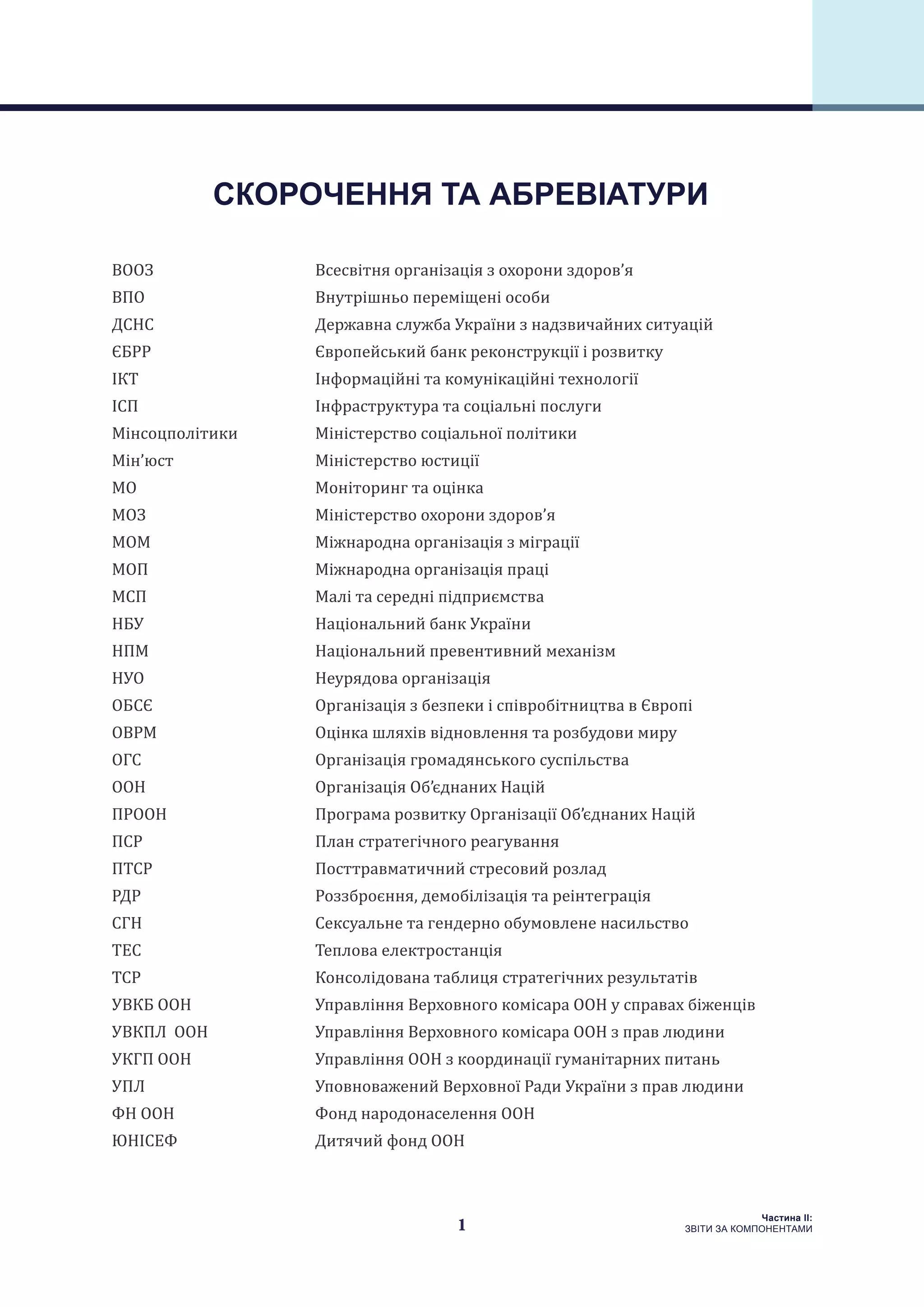 1
Частина ІI:
ЗВІТИ ЗА КОМПОНЕНТАМИ
ВООЗ	 Всесвітня організація з охорони здоров’я
ВПО 	 Внутрішньо переміщені особи
ДСНС	 Державна служба України з надзвичайних ситуацій
ЄБРР	 Європейський банк реконструкції і розвитку
ІКТ 	 Інформаційні та комунікаційні технології
ІСП	 Інфраструктура та соціальні послуги
Мінсоцполітики	 Міністерство соціальної політики
Мін’юст 	 Міністерство юстиції
МО	 Моніторинг та оцінка
МОЗ	 Міністерство охорони здоров’я
МОМ	 Міжнародна організація з міграції
МОП	 Міжнародна організація праці
МСП	 Малі та середні підприємства
НБУ	 Національний банк України
НПМ	 Національний превентивний механізм
НУО	 Неурядова організація
ОБСЄ	 Організація з безпеки і співробітництва в Європі
ОВРМ	 Оцінка шляхів відновлення та розбудови миру
ОГС	 Організація громадянського суспільства
ООН	 Організація Об’єднаних Націй
ПРООН	 Програма розвитку Організації Об’єднаних Націй
ПСР	 План стратегічного реагування
ПТСР	 Посттравматичний стресовий розлад
РДР	 Роззброєння, демобілізація та реінтеграція
CГН	 Сексуальне та гендерно обумовлене насильство
ТЕС	 Теплова електростанція
ТСР	 Консолідована таблиця стратегічних результатів
УВКБ ООН	 Управління Верховного комісара ООН у справах біженців
УВКПЛ ООН	 Управління Верховного комісара ООН з прав людини
УКГП ООН	 Управління ООН з координації гуманітарних питань
УПЛ	 Уповноважений Верховної Ради України з прав людини
ФН ООН	 Фонд народонаселення ООН
ЮНІСЕФ	 Дитячий фонд ООН
СКОРОЧЕННЯ ТА АБРЕВІАТУРИ
 