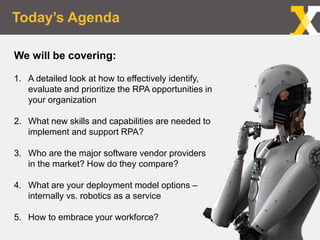 Today’s Agenda
Confidential & Proprietary 33
We will be covering:
1. A detailed look at how to effectively identify,
evaluate and prioritize the RPA opportunities in
your organization
2. What new skills and capabilities are needed to
implement and support RPA?
3. Who are the major software vendor providers
in the market? How do they compare?
4. What are your deployment model options –
internally vs. robotics as a service
5. How to embrace your workforce?
 