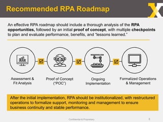Recommended RPA Roadmap
Confidential & Proprietary 5
An effective RPA roadmap should include a thorough analysis of the RPA
opportunities, followed by an initial proof of concept, with multiple checkpoints
to plan and evaluate performance, benefits, and “lessons learned.”
Formalized Operations
& Management
Ongoing
Implementation
Proof of Concept
(“POC”)
Assessment &
Fit Analysis
After the initial implementation, RPA should be institutionalized, with restructured
operations to formalize support, monitoring and management to ensure
business continuity and stable performance.
 