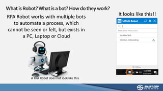 WhatisRobot?Whatisabot?Howdotheywork?
A RPA Robot does not look like this
It looks like this!!RPA Robot works with multiple bots
to automate a process, which
cannot be seen or felt, but exists in
a PC, Laptop or Cloud
 