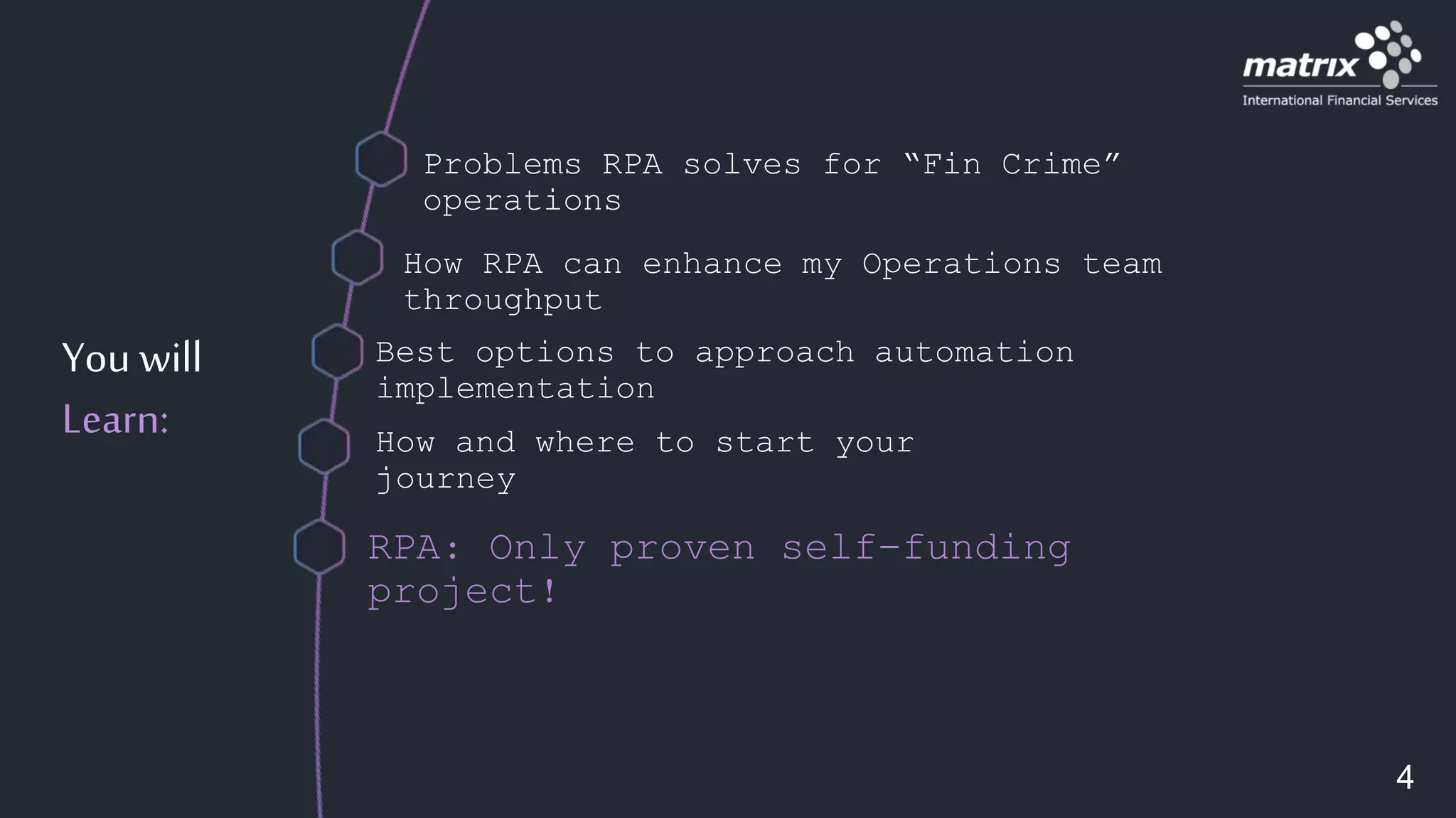 You will
Learn:
RPA: Only proven self-funding
project!
How RPA can enhance my Operations team
throughput
How and where to start your
journey
Problems RPA solves for “Fin Crime”
operations
Best options to approach automation
implementation
4
 