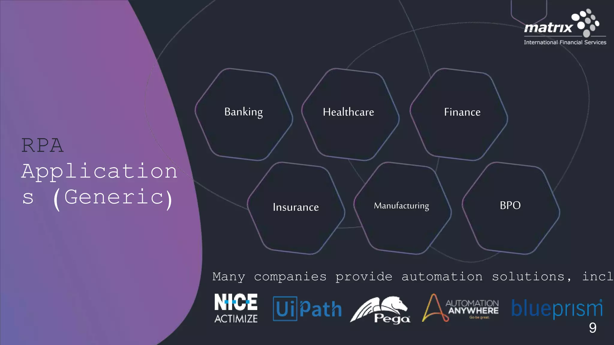 RPA
Application
s (Generic) Insurance Manufacturing BPO
Healthcare FinanceBanking
Many companies provide automation solutions, incl
9
 