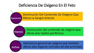 Deficiencia De Oxígeno En El Feto
Disminución Del Contenido De Oxígeno Que
Afecta La Sangre Arterial.
Disminución del contenido de oxígeno que
afecta alos tejidos periféricos.
Deficiencia general de oxígeno que también
afecta alos órganos centrales de alta prioridad.
Hipoxemia
Hipoxia
Asfixia
 