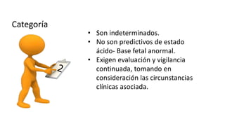 • Son indeterminados.
• No son predictivos de estado
ácido- Base fetal anormal.
• Exigen evaluación y vigilancia
continuada, tomando en
consideración las circunstancias
clínicas asociada.
 