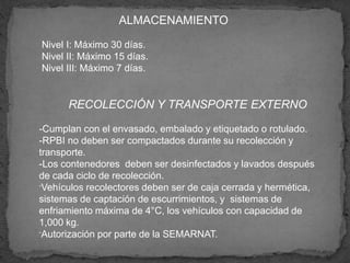 ALMACENAMIENTO
Nivel I: Máximo 30 días.
Nivel II: Máximo 15 días.
Nivel III: Máximo 7 días.
RECOLECCIÓN Y TRANSPORTE EXTERNO
-Cumplan con el envasado, embalado y etiquetado o rotulado.
-RPBI no deben ser compactados durante su recolección y
transporte.
-Los contenedores deben ser desinfectados y lavados después
de cada ciclo de recolección.
-Vehículos recolectores deben ser de caja cerrada y hermética,
sistemas de captación de escurrimientos, y sistemas de
enfriamiento máxima de 4°C, los vehículos con capacidad de
1,000 kg.
-Autorización por parte de la SEMARNAT.
 