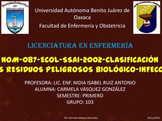 Universidad Autónoma Benito Juárez de
                        Oaxaca
          Facultad de Enfermería y Obstetricia


      Licenciatura en Enfermería

 NOM-087-ECOL-SSA1-2002-CLASIFICACIÓN
S RESIDUOS PELIGROSOS BIOLÓGICO-INFECC
     PROFESORA: LIC. ENF. NIDIA ISABEL RUIZ ANTONIO
        ALUMNA: CARMELA VÁSQUEZ GONZÁLEZ
                  SEMESTRE: PRIMERO
                      GRUPO: 103

                     Por Carmela Vásquez González     24/11/2011
 
