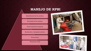 MANEJO DE RPBI
Identificación de los residuos
Envasado de los residuos
Almacenamiento temporal
Recolección y transporte externo
Tratamiento
Disposición final
 