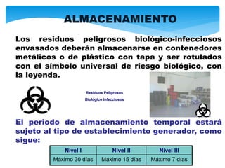 Los residuos peligrosos biológico-infecciosos
envasados deberán almacenarse en contenedores
metálicos o de plástico con tapa y ser rotulados
con el símbolo universal de riesgo biológico, con
la leyenda.
El periodo de almacenamiento temporal estará
sujeto al tipo de establecimiento generador, como
sigue:
Nivel I Nivel II Nivel III
Máximo 30 días Máximo 15 días Máximo 7 días
Residuos Peligrosos
Biológico Infecciosos
ALMACENAMIENTO
 