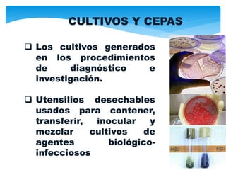  Los cultivos generados
en los procedimientos
de diagnóstico e
investigación.
 Utensilios desechables
usados para contener,
transferir, inocular y
mezclar cultivos de
agentes biológico-
infecciosos
CULTIVOS Y CEPAS
 