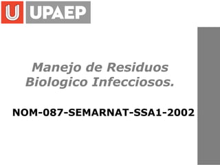 Manejo de Residuos
Biologico Infecciosos.
NOM-087-SEMARNAT-SSA1-2002
 