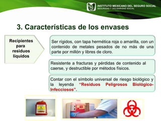 INSTITUTO MEXICANO DEL SEGURO SOCIAL
SEGURIDAD Y SOLIDARIDAD SOCIAL
Recipientes
para
residuos
líquidos
Ser rígidos, con tapa hermética roja o amarilla, con un
contenido de metales pesados de no más de una
parte por millón y libres de cloro.
Resistente a fracturas y pérdidas de contenido al
caerse, y destructible por métodos físicos.
Contar con el símbolo universal de riesgo biológico y
la leyenda “Residuos Peligrosos Biológico-
Infecciosos”.
3. Características de los envases
 