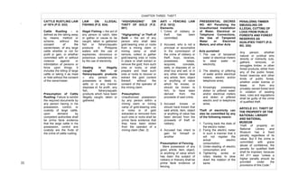  
35	
  
CHAPTER THREE: THEFT
CATTLE RUSTLING LAW
of 1974 (P.D. 533)
Cattle Rustling – is
defined as the taking away
by means, method or
scheme, without the
consent of the
owner/raiser, of any large
cattle whether or not for
profit or gain, or whether
committed with or without
violence against or
intimidation of persons or
force upon things. It
includes the killing of large
cattle or taking it as meat
or hide without the consent
of the owner/raiser.
Presumption of Cattle
Rustling: Failure to exhibit
the required documents by
any person having in his
possession, control, or
custody of large cattle,
upon demand by
competent authorities shall
be prima facie evidence
that the large cattle in his
possession, control and
custody are the fruits of
the crime of cattle rustling.
LAW ON ILLEGAL
FISHING (P.D. 534)
Illegal Fishing – the act of
any person to catch, take
or gather or cause to be
caught, taken or gathered
fish or fishery/aquatic
products in Philippine
waters with the use of
explosives, obnoxious or
poisonous substances or
by the use of electricity.
Dealing in illegally
caught fish or
fishery/aquatic products
– any person who
possesses or deals in,
sells or in any manner
disposes of, for profit , any
fish, fishery/aquatic
products which have been
illegally caught, taken or
gathered.
“HIGHGRADING” OR
THEFT OF GOLD (P.D.
581)
“Highgrading” or Theft of
Gold – the act of any
person who shall take
gold-bearing ores or rocks
from a mining claim or
mining camp or shall
remove, collect or gather
gold-bearing ores or rocks
in place or shall extract or
remove the gold; from such
ores or rocks, or shall
prepare and treat such
ores or rocks to recover or
extract the gold content
thereof, without the
consent of the operator of
the mining claim.
Presumption:
Unauthorized possession
by any person within a
mining claim or mining
camp of gold-bearing ores
or rocks or of gold
extracted or removed from
such ores or rocks shall be
prima facie evidence that
they have been stolen
from the operator of a
mining claim (Sec. 2).
ANTI – FENCING LAW
(P.D. 1612)
Elements:
1. Crime of robbery or
theft has been
committed;
2. Accused, who is not a
principal or accomplice
in the commission of
the crime of robbery or
theft, buys, receives,
possesses, keeps,
acquires, conceals,
sells, or disposes of, or
shall buy and sell, or in
any other manner deal
any article, item, object
or anything of value
which he knows, or
should be known to
him, to have been
derived from the
proceeds of said crime;
3. Accused knows or
should have known that
said article, item, object
or anything of value has
been derived from the
proceeds of theft or
robbery;
4. Accused has intent to
gain for himself or
another
Presumption of Fencing.
· Mere possession of any
good, article, item, object,
or anything of value which
has been the subject of
robbery or thievery shall be
prima facie evidence of
fencing.
PRESIDENTIAL DECREE
NO. 401 Penalizing the
Unauthorized Installation
of Water, Electrical or
Telephone Connections,
the Use of Tampered
Water or Electrical
Meters, and other Acts
Acts punished:
1. The use of tampered
water or electrical meters
to steal water or
electricity;
2. The stealing or pilfering
of water and/or electrical
meters, electric and/or
telephone wires;
3. Knowingly possessing
stolen or pilfered water
and/or electrical meters
and stolen or pilfered
electric and/ or telephone
wires.
Theft of electricity can
also be committed by any
of the following means:
1. Turning back the dials of
the electric meter;
2. Fixing the electric meter
in such a manner that it
will not register the
actual electric
consumption;
3. Under-reading of electric
consumption; and
4. Tightening screw or
rotary blades to slow
down the rotation of the
same
PENALIZING TIMBER
SMUGGLING OR
ILLEGAL CUTTING OF
LOGS FROM PUBLIC
FORESTS AND FOREST
RESERVES AS
QUALIFIED THEFT (P.D.
NO. 330)
Any person, whether
natural or juridical who
directly or indirectly cuts,
gathers, removes, or
smuggles timber, or other
forest products, either from
any of the public forest,
forest reserves and other
kinds of public forest,
whether under license or
lease, or from any
privately owned forest land
in violation of existing
laws, rules and regulations
shall be guilty of the crime
of qualified theft.
ARTICLE 311. THEFT OF
THE PROPERTY OF THE
NATIONAL LIBRARY
AND NATIONAL
MUSEUM
Theft of property on
National Library and
Museum has a fixed
penalty regardless of its
value. But if the crime is
committed with grave
abuse of confidence, the
penalty for qualified theft
shall be imposed, because
Art 311 says “unless a
higher penalty should be
provided under the
provisions of this Code.”
CHAPTER THREE: THEFT
.	
  	
   	
  
	
   	
  
 