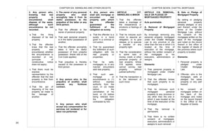  
39	
  
2. Any person who,
knowing that real
property is
encumbered, shall
dispose of the same,
although such
encumbrance be not
recorded.
a. That the thing
disposed of be real
property.
b. That the offender
knew that the real
property was
encumbered, whether
the encumbrance is
recorded or not.
(principle of
constructive notice
does not apply)
c. That there must be
express
representation by the
offender that the real
property is free from
encumbrance.
d. That the act of
disposing of the real
property be made to
the damage of
another.
CHAPTER SIX: SWINDLING AND OTHER DECEITS
3. The owner of any personal
property who shall
wrongfully take it from its
lawful possessor, to the
prejudice of the latter or any
third person.
a. That the offender is the
owner of personal property;
b. That said personal property
is in the lawful possession of
another;
c. That the offender wrongfully
takes it from its lawful
possessor; (if from unlawful
possessor, Article 429 of the
Civil Code applies)
d. That prejudice is thereby
caused to the possessor or
third person.
4. Any person who, to the
prejudice of another, shall
execute any fictitious
contract.
5. Any person who shall
accept any compensation for
services not rendered or for
labor not performed.
6. Any person who
shall sell, mortgage or
encumber real
property with which
the offender
guaranteed the
fulfillment of his
obligation as surety.
a. That the offender is a
surety in a bond
given in a criminal or
civil action;
b. That he guaranteed
the fulfillment of such
obligation with his
real property or
properties;
c. That he sells,
mortgages, or, in any
manner encumbers
said real property;
d. That such sale,
mortgage or
encumbrance is (1)
without express
authority from the
court, or (2) made
before the
cancellation of his
bond, or (3) before
being relieved from
the obligation
contracted by him.
ARTICLE 317.
SWINDLING A MINOR
1. That the offender
takes a dvantage of
the inexperience or
emotions or feelings of
a minor;
2. That he induces such
minor to assume an
obligation, or to give
release, or to execute
a transfer of any
property right;
3. That the consideration
is some loan of
money, credit, or other
personal property; (if
real property, Article
318 applies; minor
cannot convey real
property without
judicial authority)
4. That the transaction is
to the detriment of
such minor
CHAPTER SEVEN: CHATTEL MORTGAGE
ARTICLE 319. REMOVAL,
SALE OR PLEDGE OF
MORTGAGED PROPERTY
Acts punishable:
A. Removal of Mortgaged
Property
By knowingly removing any
personal property mortgaged
under the Chattel Mortgage
Law to any province or city
other than the one in which it is
located at the time of
execution of the mortgage,
without the written consent of
the mortgagee or his
executors, administrators or
assigns.
Elements:
1. That personal property is
mortgaged under Chattel
Mortgage Law;
2. That the offender knows
that such property is so
mortgaged;
3. That he removes such
mortgaged personal
property to any province or
city other than the one in
which it was located at the
time of the execution of the
mortgage;
4. That the removal is
permanent;
5. That there is no written
consent of mortgagee,
executors, administrators or
assigns to such removal.
B. Sale or Pledge of
Mortgaged Property
By selling or pledging
personal property
already pledged, or any
part thereof, under the
terms of the Chattel
Mortgage Law, without
the consent of the
mortgagee written on the
back of the mortgage
and noted on the record
thereof in the office of
the register of deeds of
the province where such
property is located.
Elements:
1. Personal property is
pledged under
Chattel Mortgage
Law;
2. Offender, who is the
mortgagor, sells or
pledges the same
property or any part
thereof;
3. No consent of
mortgagee written on
the back of the
mortgage and noted
on the record thereof
in the Office of the
Register of Deeds.
.	
  
	
   	
  
 