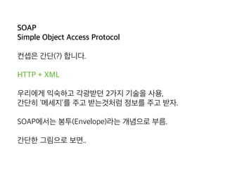 SOAP 
Simple Object Access Protocol
컨셉은 간단(?) 합니다.
HTTP + XML
우리에게 익숙하고 각광받던 2가지 기술을 사용, 
간단히 ‘메세지’를 주고 받는것처럼 정보를 주고 받자.
SOAP에서는 봉투(Envelope)라는 개념으로 부름.
간단한 그림으로 보면..
 