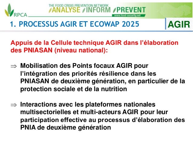 1. PROCESSUS AGIR ET ECOWAP 2025 AGIR
Appuis de la Cellule technique AGIR dans l’élaboration
des PNIASAN (niveau national)...