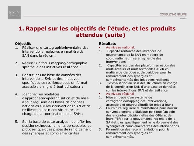 Résultats
 Au niveau national:
1. Capacité renforcée des instances de
gouvernance de la SAN en matière de
coordination et...
