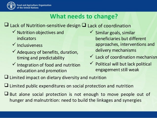 What needs to change?
 Lack of Nutrition-sensitive design
 Nutrition objectives and
indicators
 Inclusiveness
 Adequac...