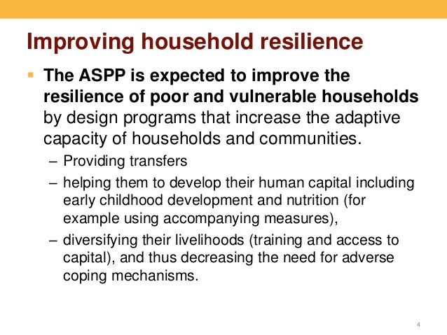 Improving household resilience
 The ASPP is expected to improve the
resilience of poor and vulnerable households
by desig...