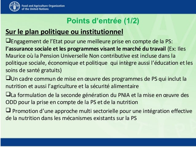 Points d’entrée (1/2)
Sur le plan politique ou institutionnel
Engagement de l’Etat pour une meilleure prise en compte de ...