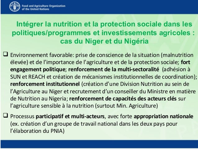 Intégrer la nutrition et la protection sociale dans les
politiques/programmes et investissements agricoles :
cas du Niger ...