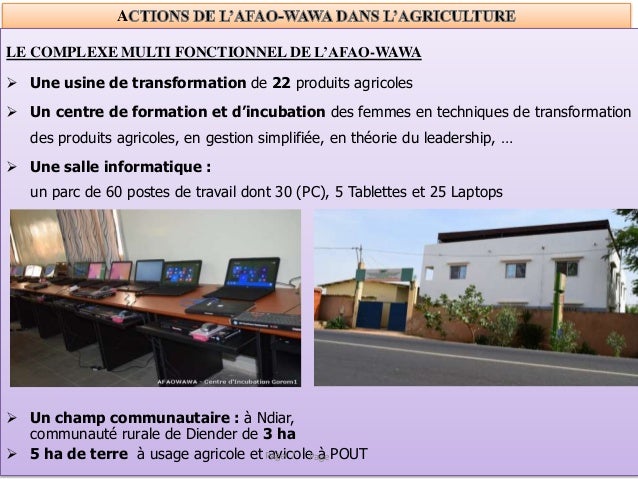 A
LE COMPLEXE MULTI FONCTIONNEL DE L’AFAO-WAWA
 Une usine de transformation de 22 produits agricoles
 Un centre de forma...